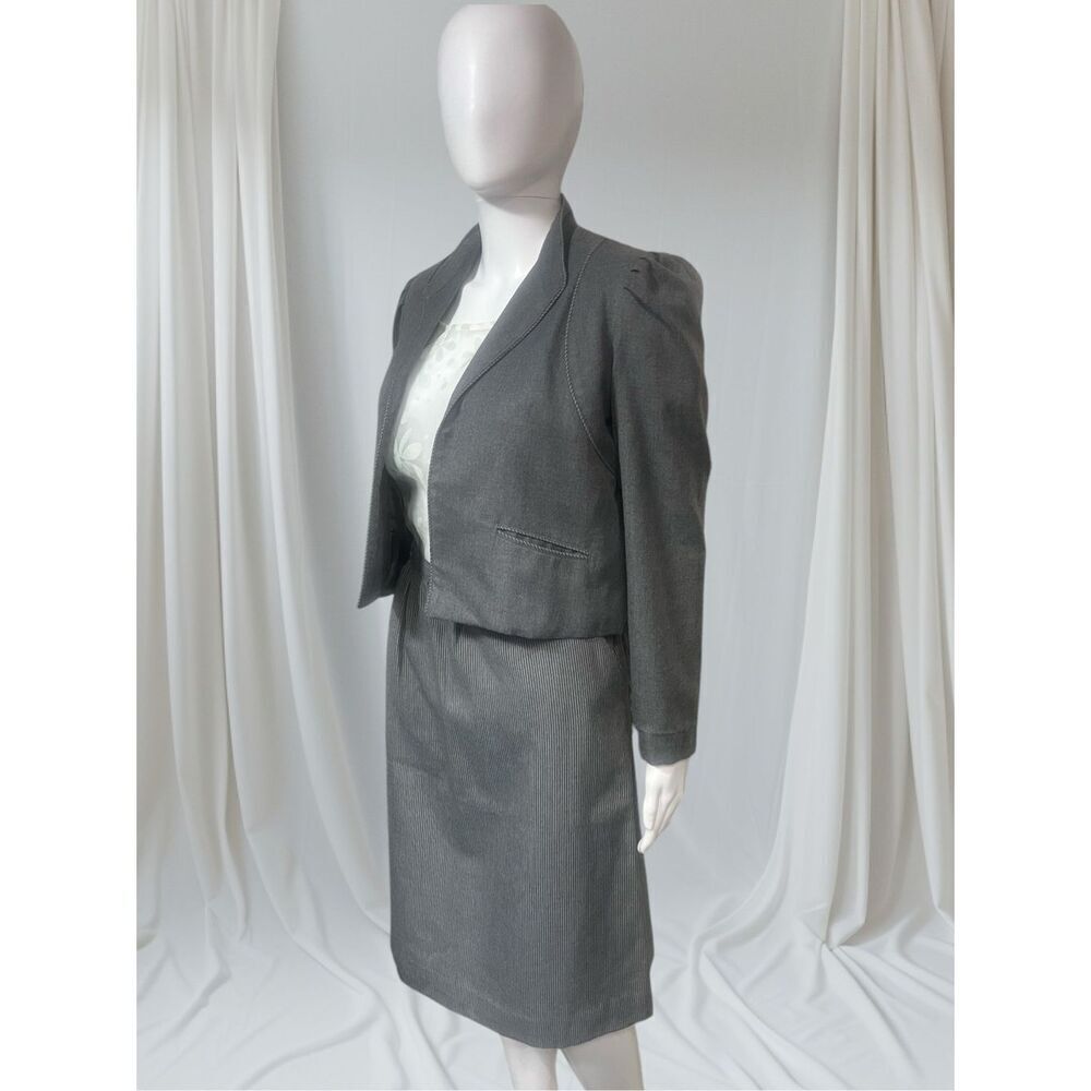 Mizz Lizz Vintage Two Piece Gray Stripe Detail Puff Long Sleeves Knee Length Sui
